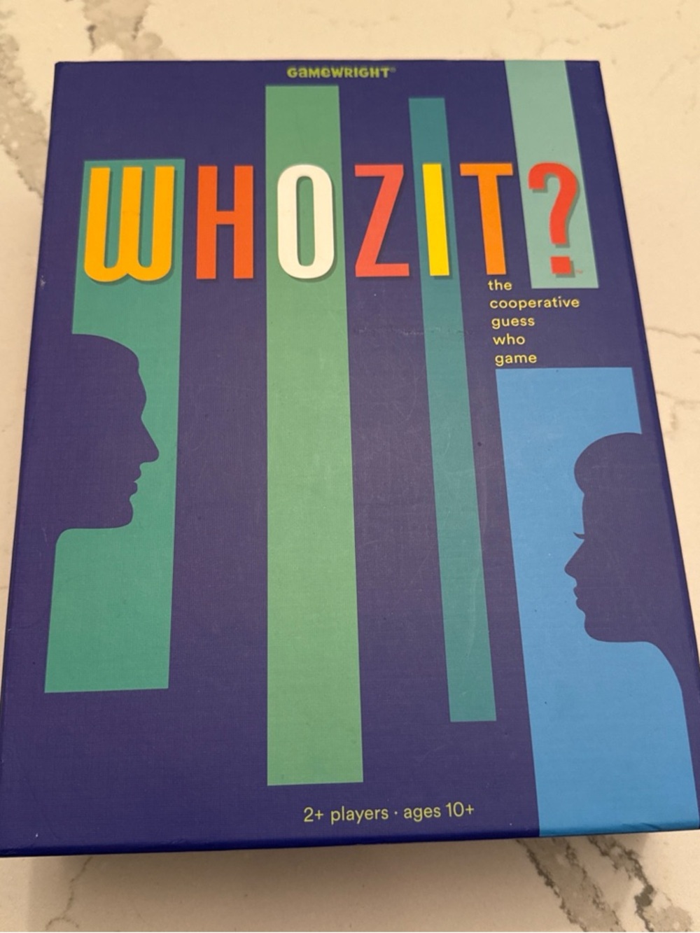 WHOZIT? Cooperative Guess Who Game - Gamewright - Blue & Teal Box